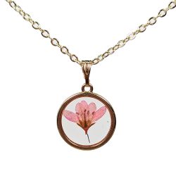 Real Dried Pink Flower Resin Round Necklace Gold