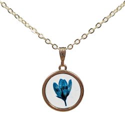Real Dried Blue Flower Resin Round Necklace Gold