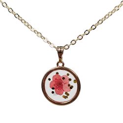 Real Dried Pink Flower Glitter Resin Round Necklace Gold