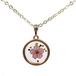 Real Dried Purple Flower Glitter Resin Round Necklace Gold