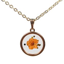 Real Dried Orange Flower Glitter Resin Round Necklace Gold