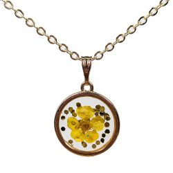 Real Dried Yellow Flower Glitter Resin Round Necklace Gold