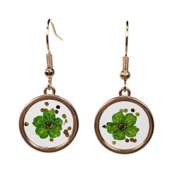 Real Dried Green Flower Glitter Resin Round Earrings Gold
