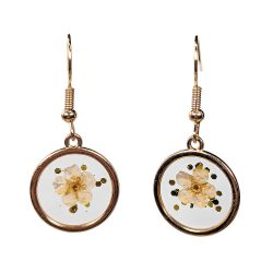 Real Dried White Flower Glitter Resin Round Earrings Gold