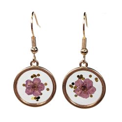 Real Dried Purple Flower Glitter Resin Round Earrings Gold