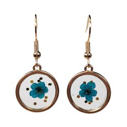Real Dried Blue Flower Glitter Resin Round Earrings Gold