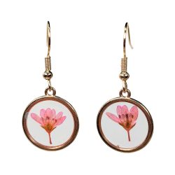 Real Dried Pink Flower Resin Round Earrings Gold