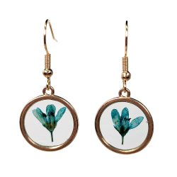Real Dried Sky Blue Flower Resin Round Earrings Gold
