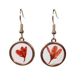 Real Dried Red Flower Resin Round Earrings Gold