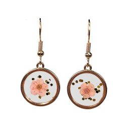 Real Dried Light Pink Flower Glitter Resin Round Earrings Gold