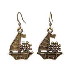 Antique Bronze Nautical Sail Boat With Wheel Earrings