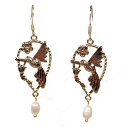 18K Real Gold Plated Hummingbird Bird Freshwater Pearl Earrings