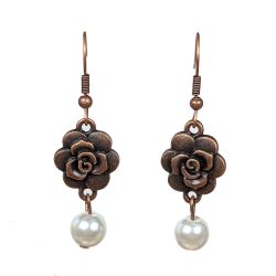 Antique Copper Rose Head Flower Pearl Earrings