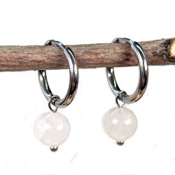 18K Real Gold Plated Stainless Steel Huggie Hoop White Jade 8mm Gemstone Earrings