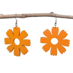 Large Orange Eight Petals Flower Teardrop Wood Necklace