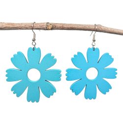 Large Blue Eight Petals Flower Teardrop Wood Necklace