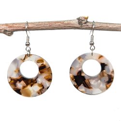 Brown Grey Tortoiseshell Hollow Round Acrylic Resin Earrings
