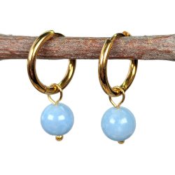 18K Real Gold Plated Stainless Steel Huggie Hoop Aquamarine 8mm Gemstone Earrings