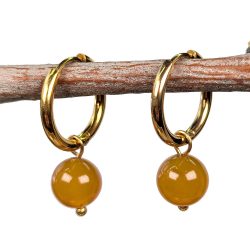 18K Real Gold Plated Stainless Steel Huggie Hoop Brown Agate 8mm Gemstone Earrings