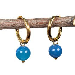 18K Real Gold Plated Stainless Steel Huggie Hoop Blue Agate 8mm Gemstone Earrings