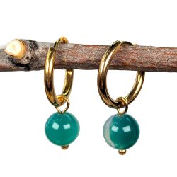 18K Real Gold Plated Stainless Steel Huggie Hoop Green Agate 8mm Gemstone Earrings