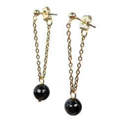 18K Real Gold Plated Stainless Steel Black Obsidian Gemstone Tassel Earrings
