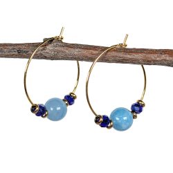 18K Real Gold Plated Stainless Steel Platinum Hoop Blue Crystal Gemstone Earrings