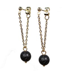 18K Real Gold Plated Stainless Steel Black Volcanic Stone Gemstone Tassel Earrings
