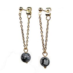 18K Real Gold Plated Stainless Steel Snowflake Obsidian Gemstone Tassel Earrings