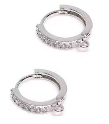 Real Rhodium Plated Huggie Hoop Rhinestones Silver Earrings