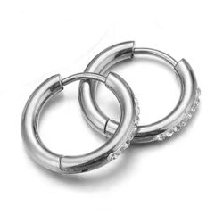 Silver Stainless Steel Huggie Hoop Rhinestone Earrings