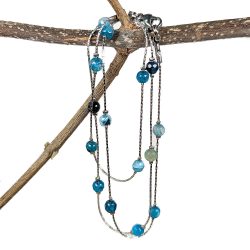 Real Platinum Plated Blue Gemstones Station Necklace