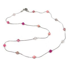 Real Platinum Plated Pink Gemstones Station Necklace