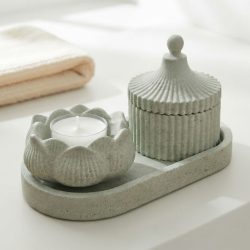 Concrete 3-Piece Set Tray Tent Jar Lotus Tealight Candle Holder